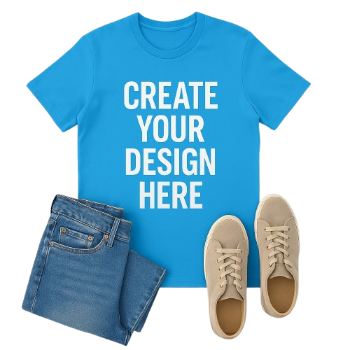 fashion layout with a crew neck shirt as the focus that says create your design here